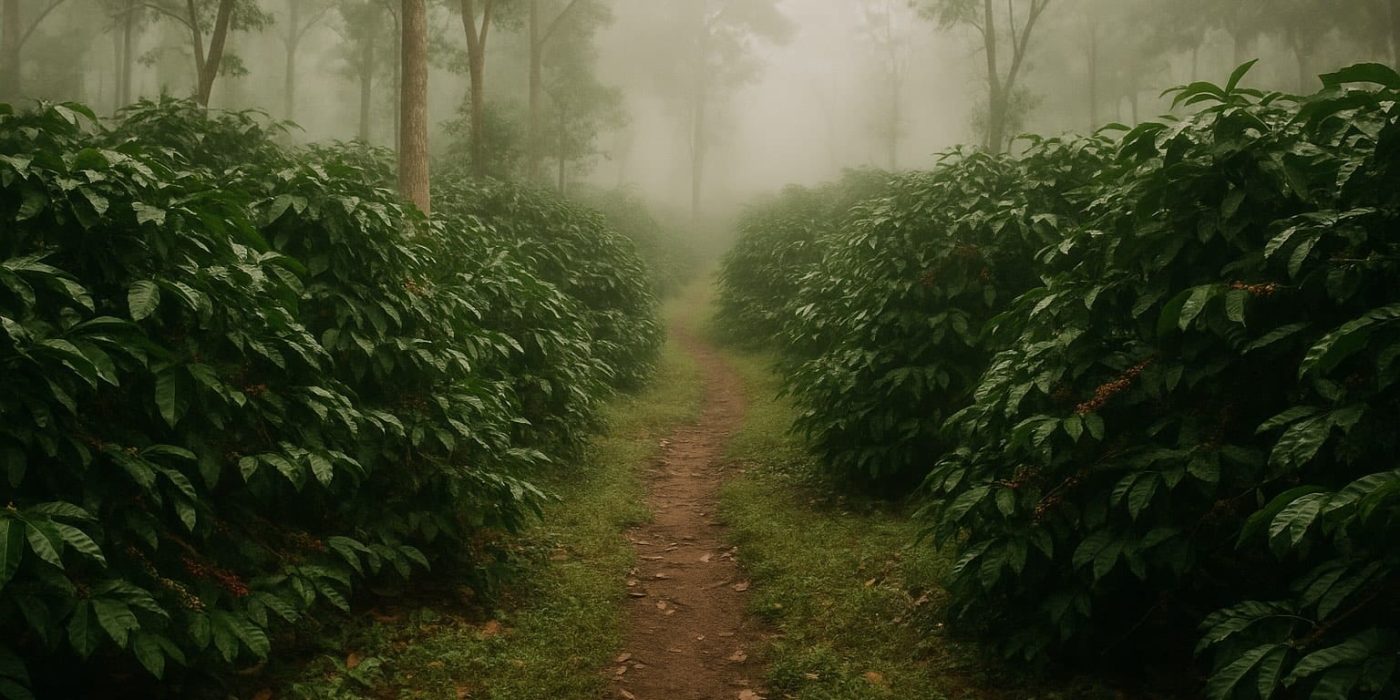 Misty Coorg morning coffee plantation panorama | India Coffee Company